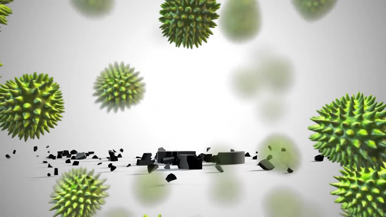 múltiples células de covid-19 contra el símbolo de la moneda de la libra cayendo y rompiéndose contra un fondo gris