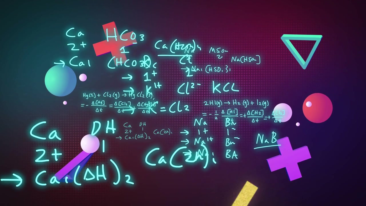 As shapes enter, neon-cyan equations expanding and animating reactions to show rate changes