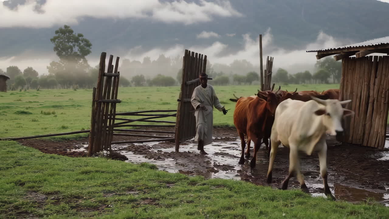 African Farmer Herding Cattle