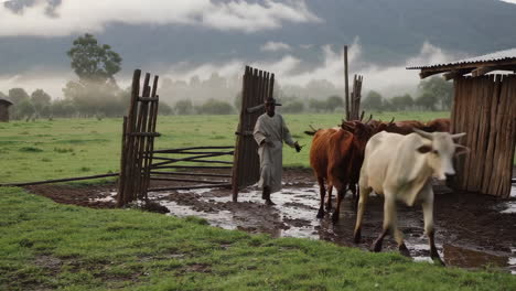 african farmer herding cattle