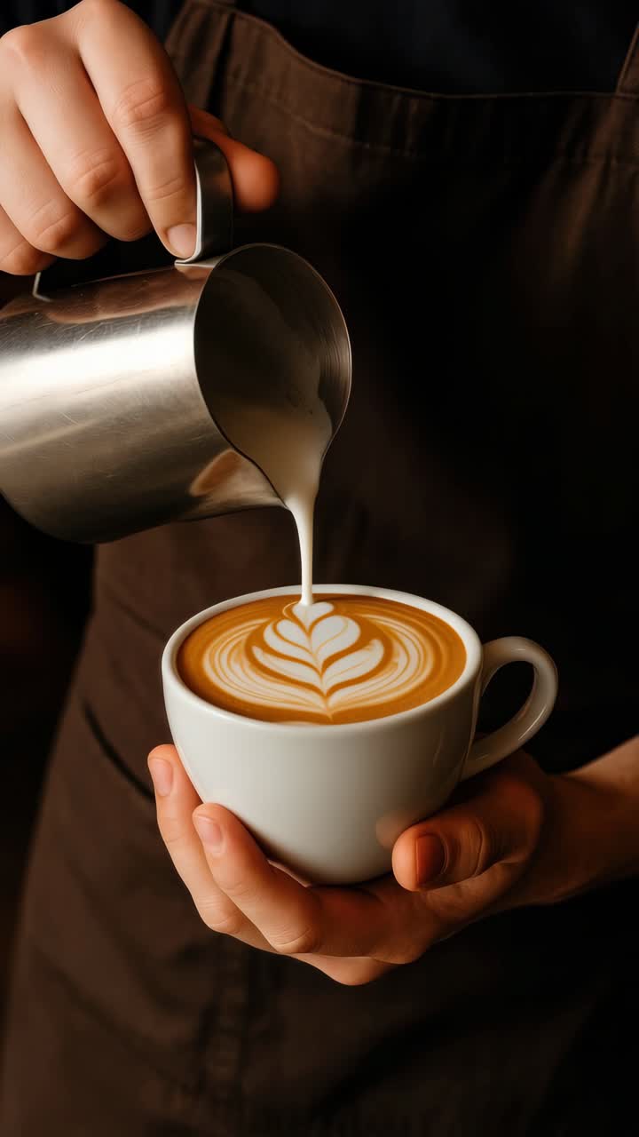 Close-up video shot of hands pouring milk into a coffee cup, creating latte art