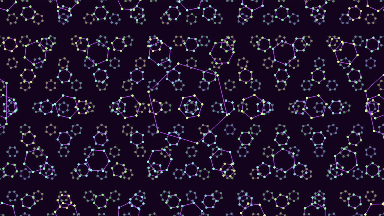 composición simétrica de formas geométricas púrpuras y verdes sobre un fondo negro