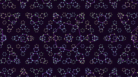 symmetrical composition of purple and green geometric shapes on black background