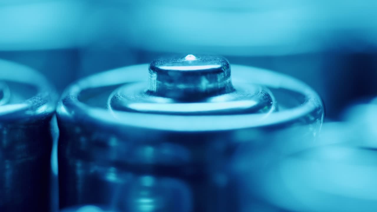 Silver batteries AA and AAA in neon light close-up macro. Double-A battery is a standard size single cell cylindrical dry battery. Batteries are common in portable electronic devices. An AA battery is composed of a single electrochemical cell that may be either a primary battery or a rechargeable ba