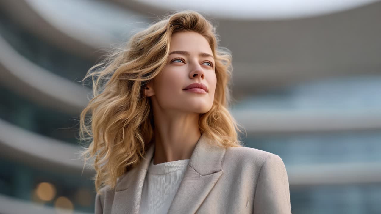 Una donna sicura di sé con capelli fluenti che guarda al futuro in un ambiente urbano moderno, esaltando bellezza e ambizione con un sorriso dolce e luce naturale