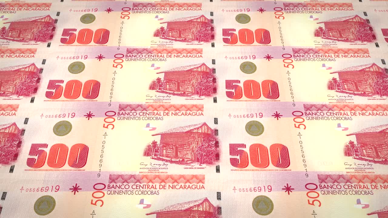 니카라과 중앙 은행의 500 니카라구아 코르도바 지폐 시리즈, 스크린에 굴러, 세계 동전, 현금, 루프