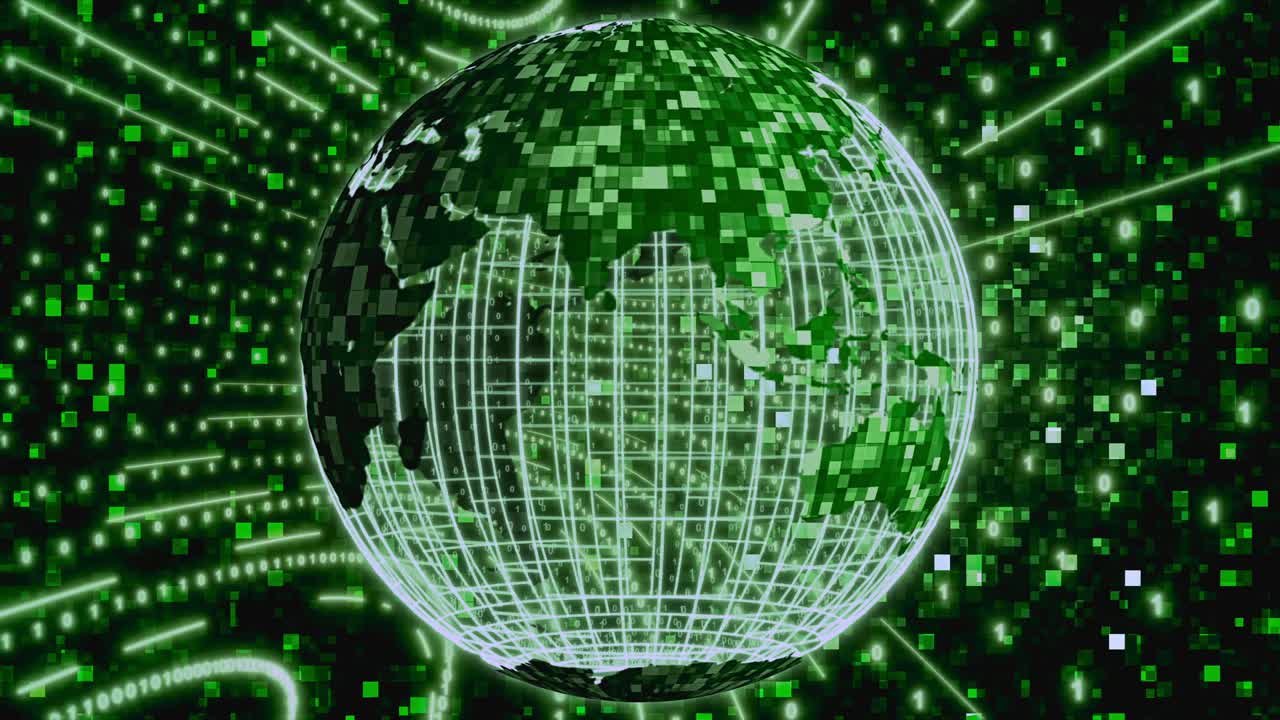 Matrix Digital binary background with rotating Planet earth. Seamless loop 4k animation for network, digital event