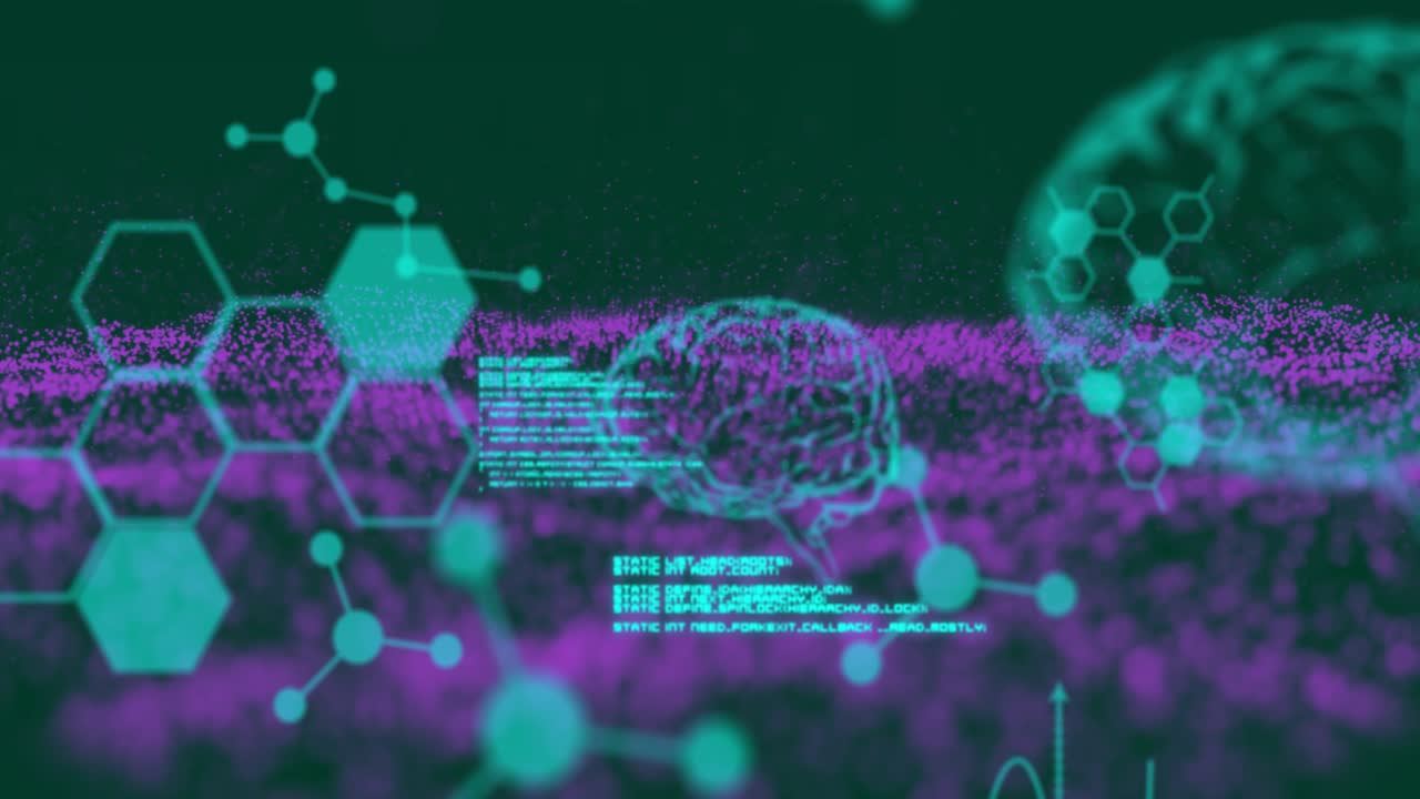 Animation of brain and data processing on black background
