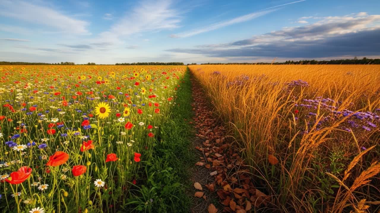 A Captivating Contrast: Vibrant Floral Fields Meet Golden Grains Beneath a Scenic Sky, Showcasing Nature's Splendor and the Change of Seasons