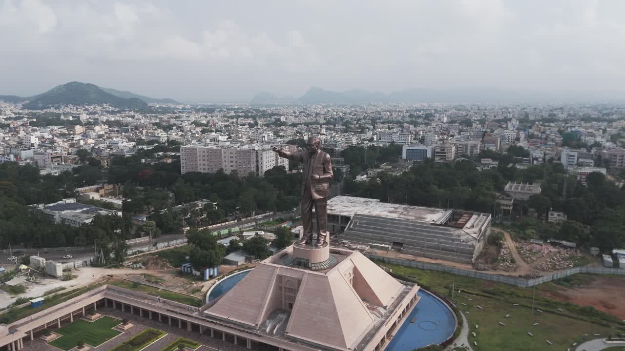Aerial shot of Statue of Equality in Vijayawada in India