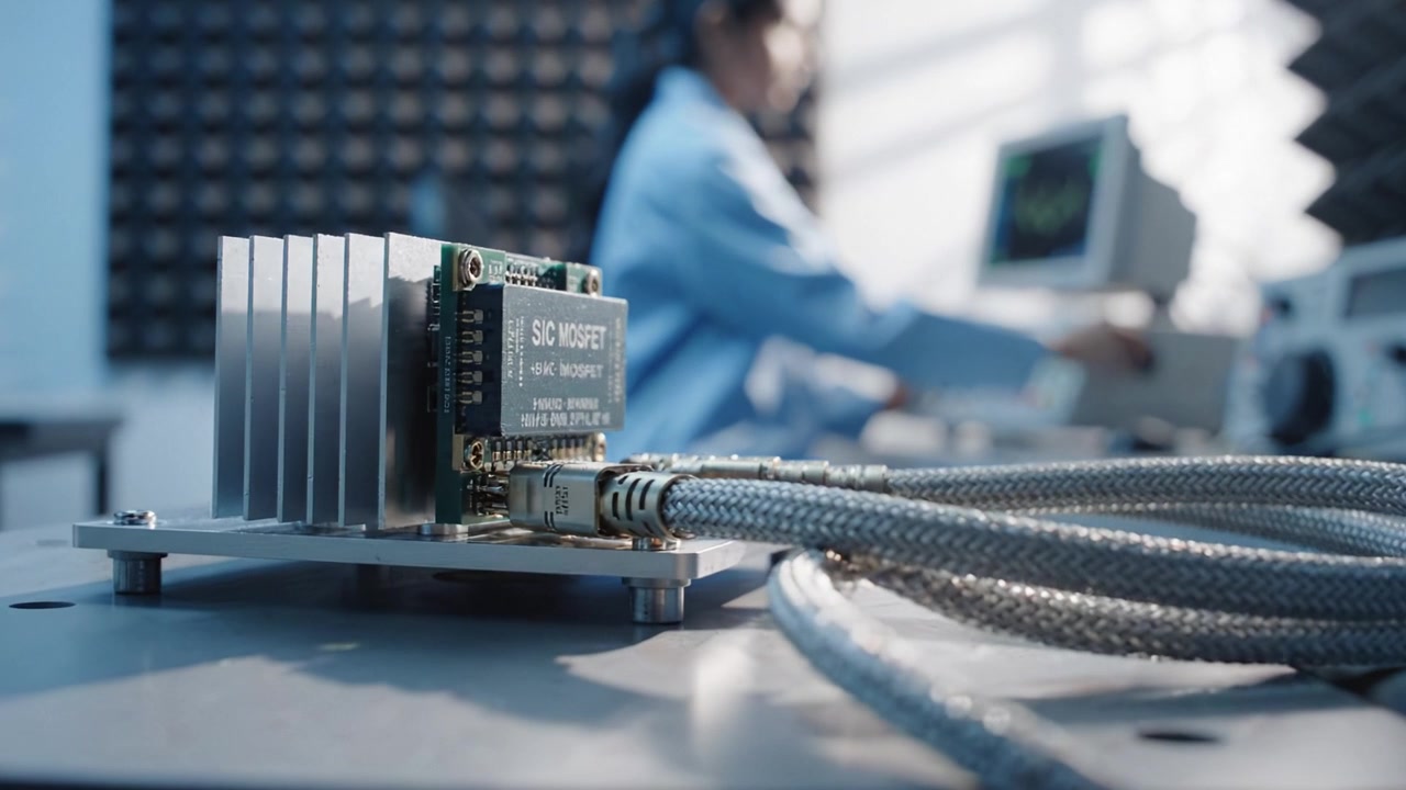 Exploring Advanced Technology: A Researcher Analyzing Electronic Components in a Precision Testing Environment with Instruments and High-Tech Equipment in the Foreground