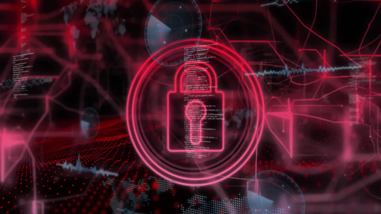 animación de candado en círculos, globos, radares y lenguaje informático sobre fondo negro