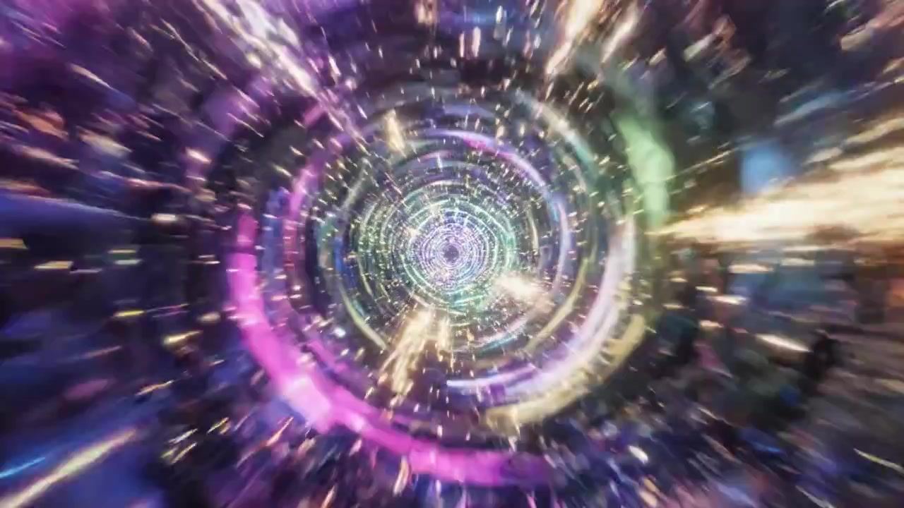 Un viaje impresionante a través de un vórtice cósmico de luz y energía coloridas, capturando la esencia de un universo vibrante e infinito en movimiento.