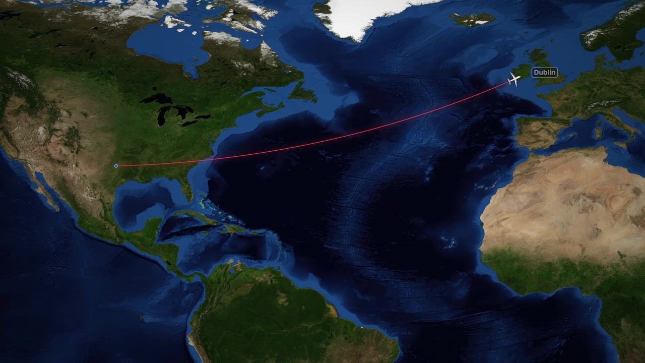 Animated airplane icon travels across the Atlantic Ocean from Dallas to Dublin on map