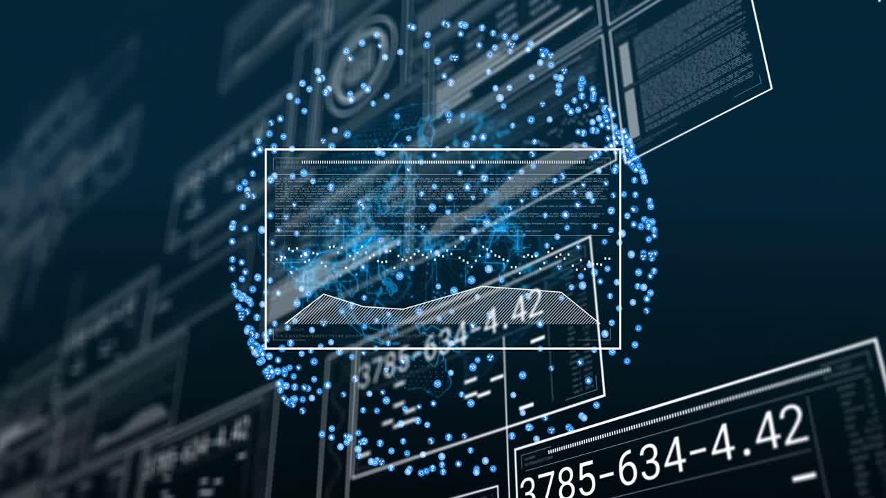 파란색 배경에 대한 데이터 처리 인터페이스를 통해 회전하는 지구의 애니메이션