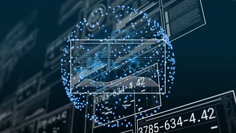 Animation-of-spinning-globe-over-interface-with-data-processing-against-blue-background