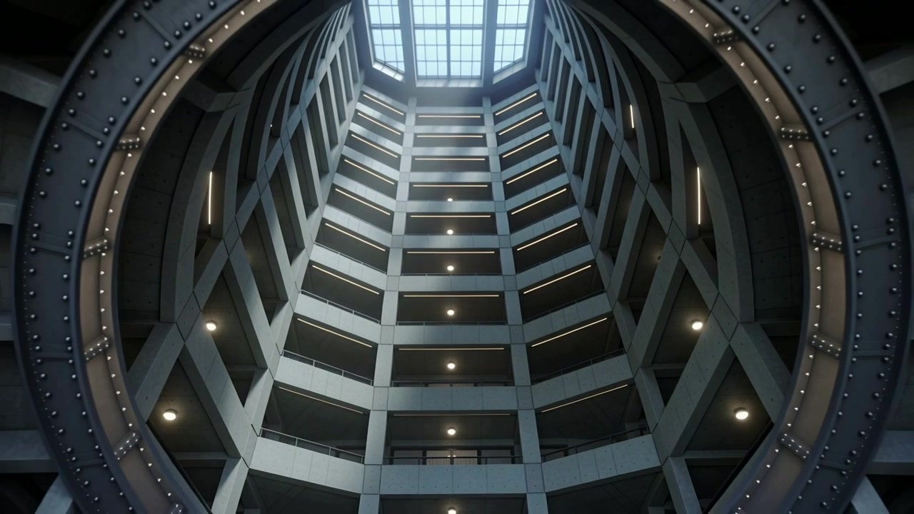 Kamera yang miring memperlihatkan poros vertikal di atrium beton, menampilkan ketinggian penuh dan cincin logam