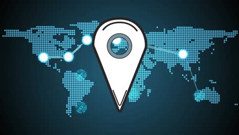 animación digital del icono del pin de ubicación contra el mapa del mundo sobre fondo azul