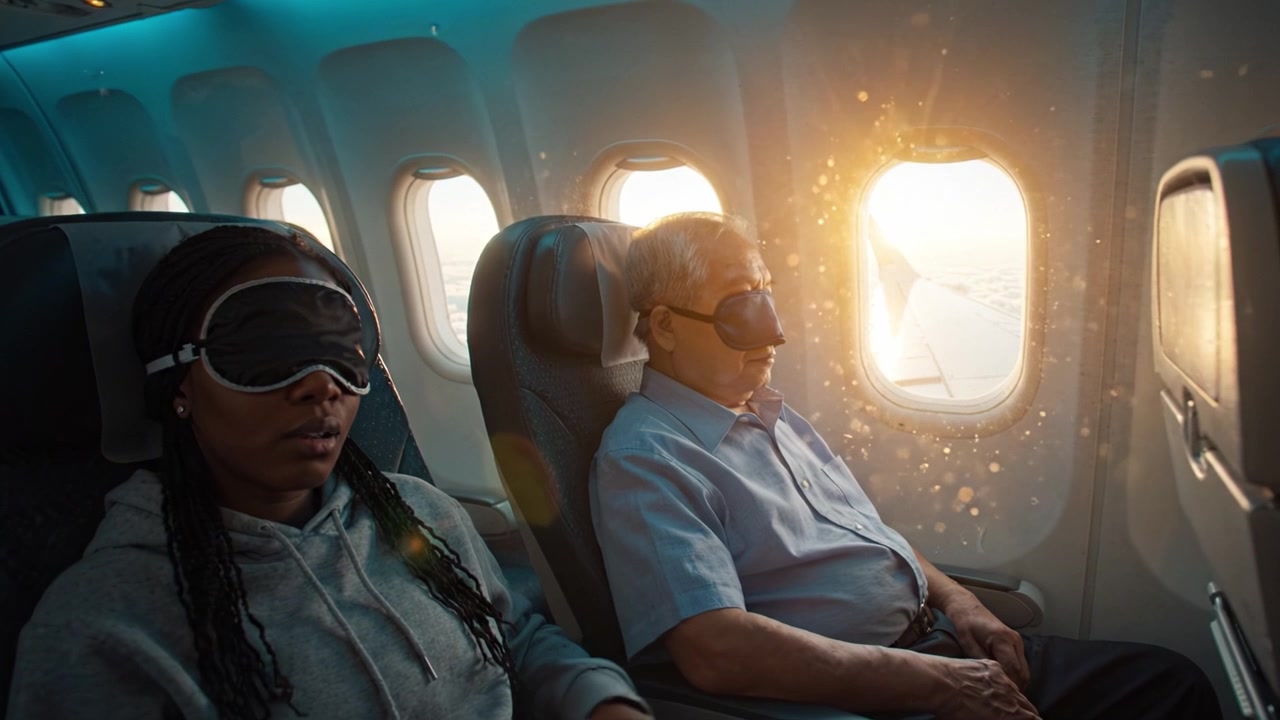 Ein entspanntes Flugerlebnis: Zwei Passagiere entspannen sich mit Schlafmasken in einem Flugzeug und genießen die ruhigen Momente vor ihrer bevorstehenden Reise.