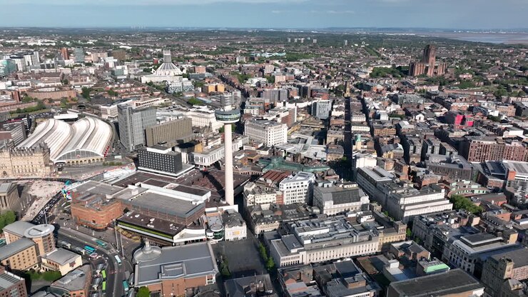 Veduta aerea della bellissima skyline e dei punti di riferimento di Liverpool, Inghilterra.