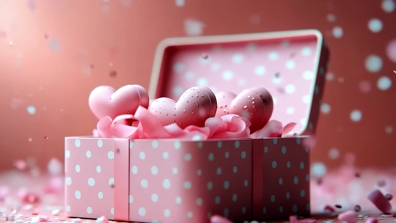 Heart-shaped decor gift box. A pink gift box overflows with heart-shaped ornaments and petals, creating a romantic atmosphere for a special occasion.