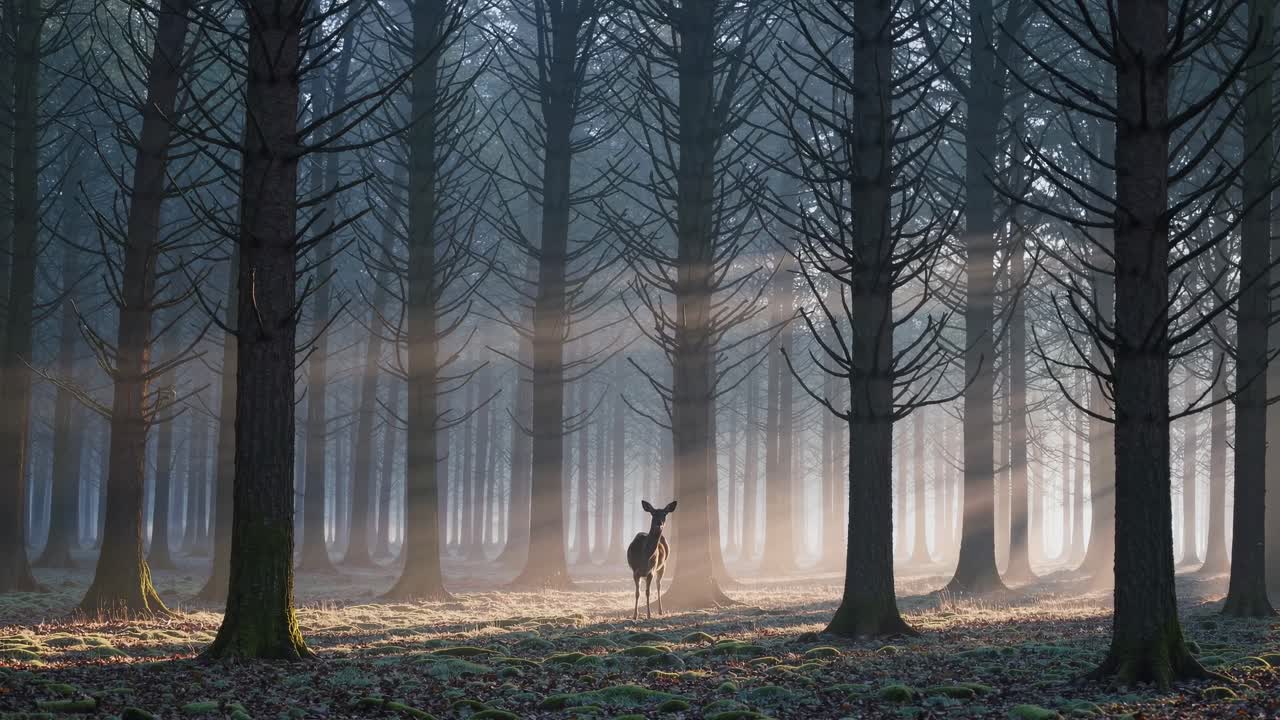 A serene forest scene with a deer, captured at eye level