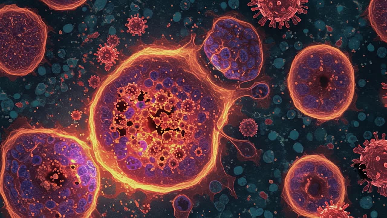 Microscopic Visualization of Cellular Structures: A Stunning Display of Vibrant Colors and Unique Shapes of Cells and Viruses Captured in an Artistic Perspective