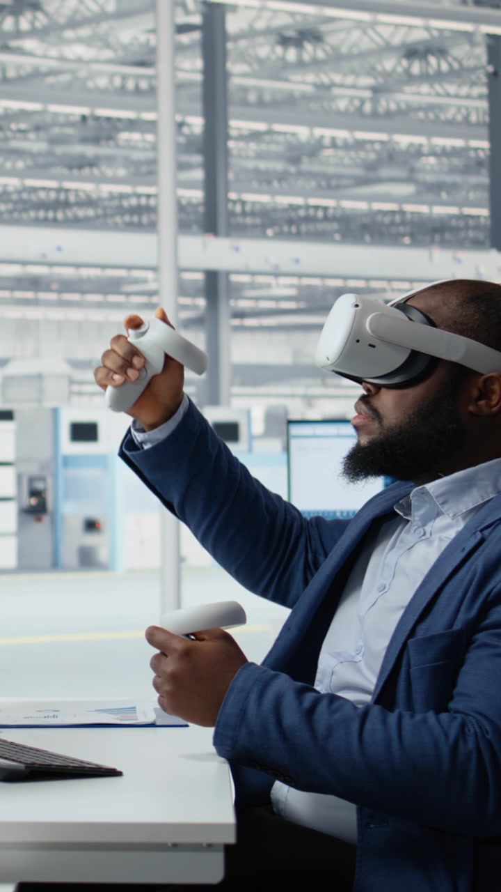 Vertical video Analyzing chip architecture, VR headset and specialist in microchip factory lab