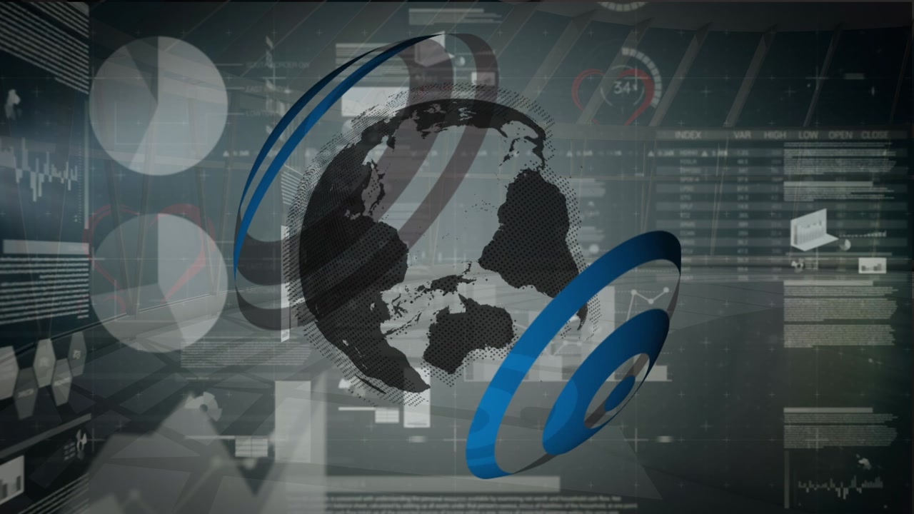 Animation of financial data and graphs over globe and digital screen