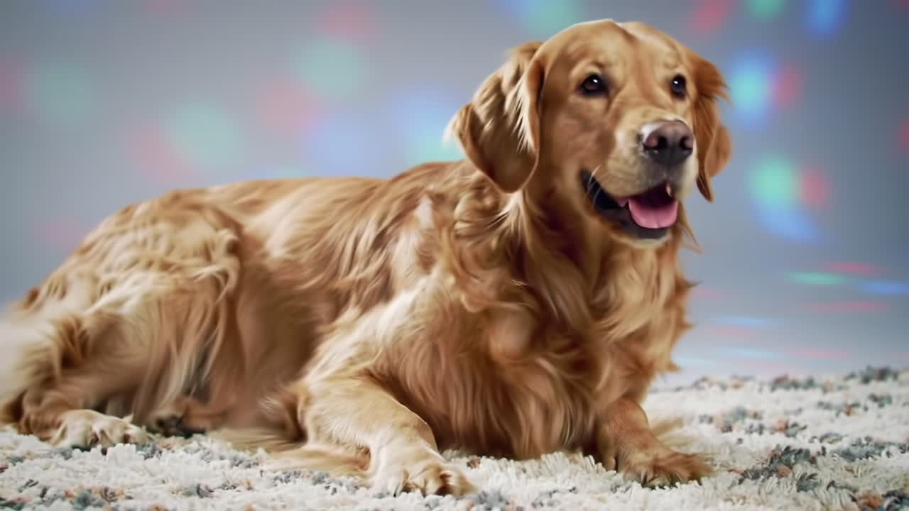 A Charming Golden Retriever Relaxing on a Colorful Carpet, Showcasing Its Playful Personality and Lovely Fur in a Calm Indoor Environment