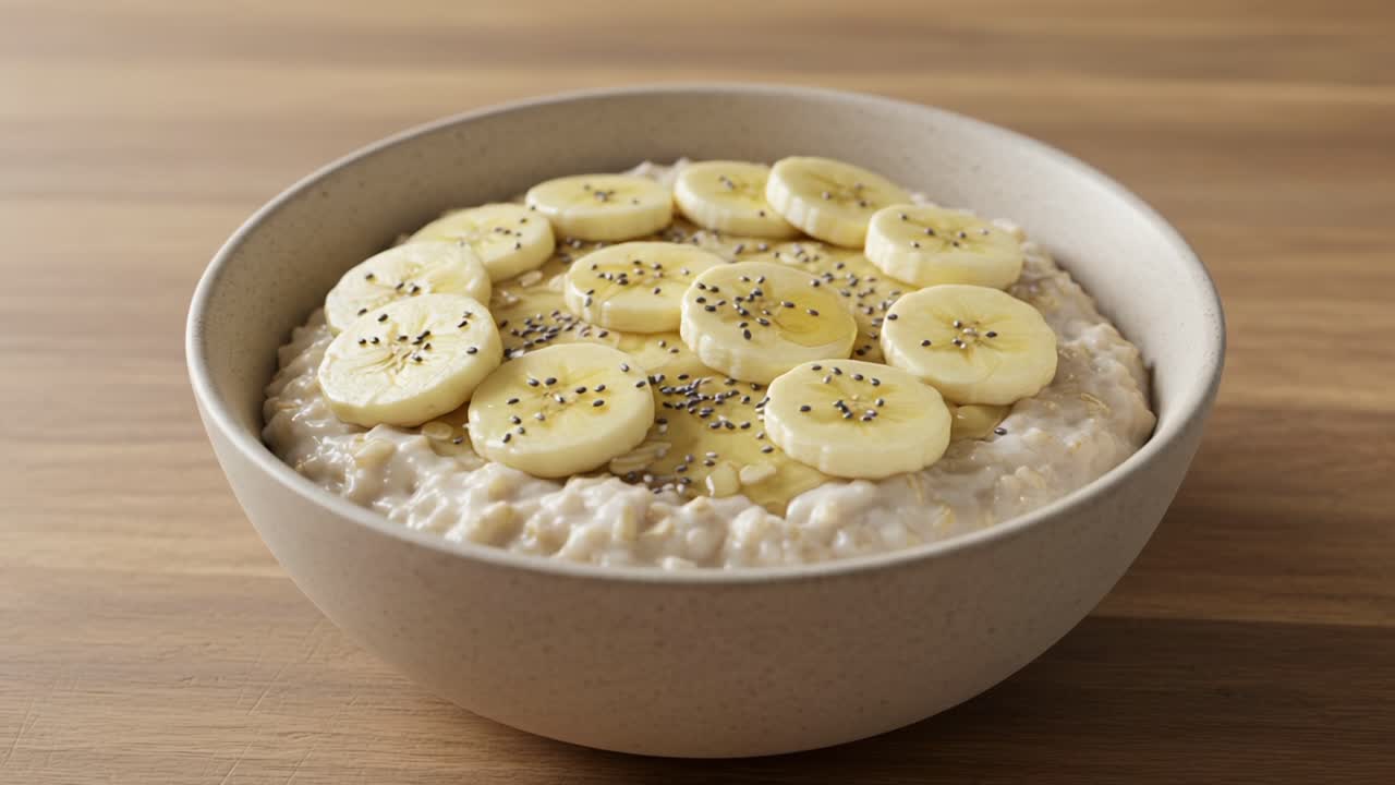 A Delicious Bowl of Creamy Oatmeal Topped with Fresh Banana Slices and Poppy Seeds, Perfect for a Healthy Breakfast or Snack Option