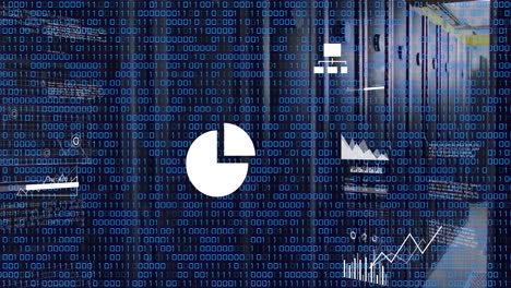 animación de codificación binaria y procesamiento de datos contra la sala de servidores de computadoras