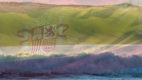 animación de la bandera de españa ondeando sobre el paisaje marino de la playa