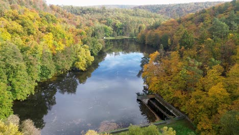 a flight of a drone with a camera over a small body of water surrounded by colored trees during autumn