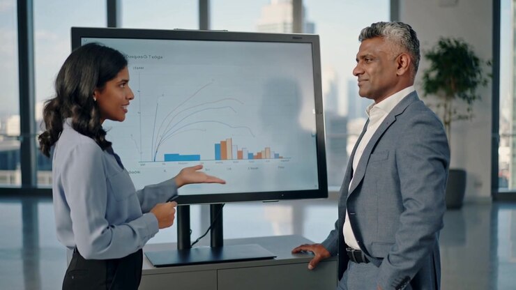 Pointing at blue bar on monitor, woman presenting trends in office, colleague listening in suit