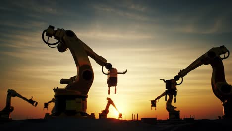 robotic arms in silhouette: a captivating scene of automation and technology at sunset, showcasing the future of modern industry and production