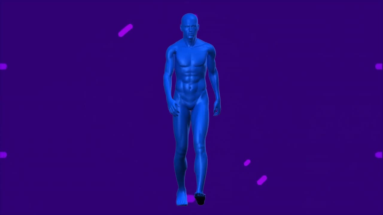 animación de círculos púrpuras sobre el modelo humano azul caminando