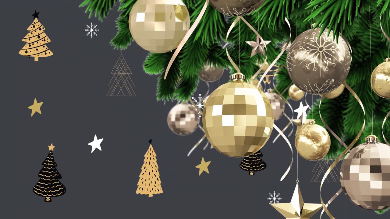 animación de estrellas y árboles de navidad con adornos de bolas en el árbol de navidad