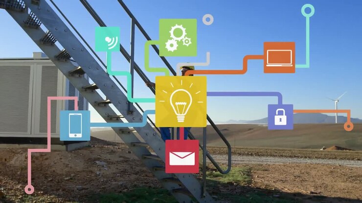 Animation of network of connections with icons over engineer and wind turbine