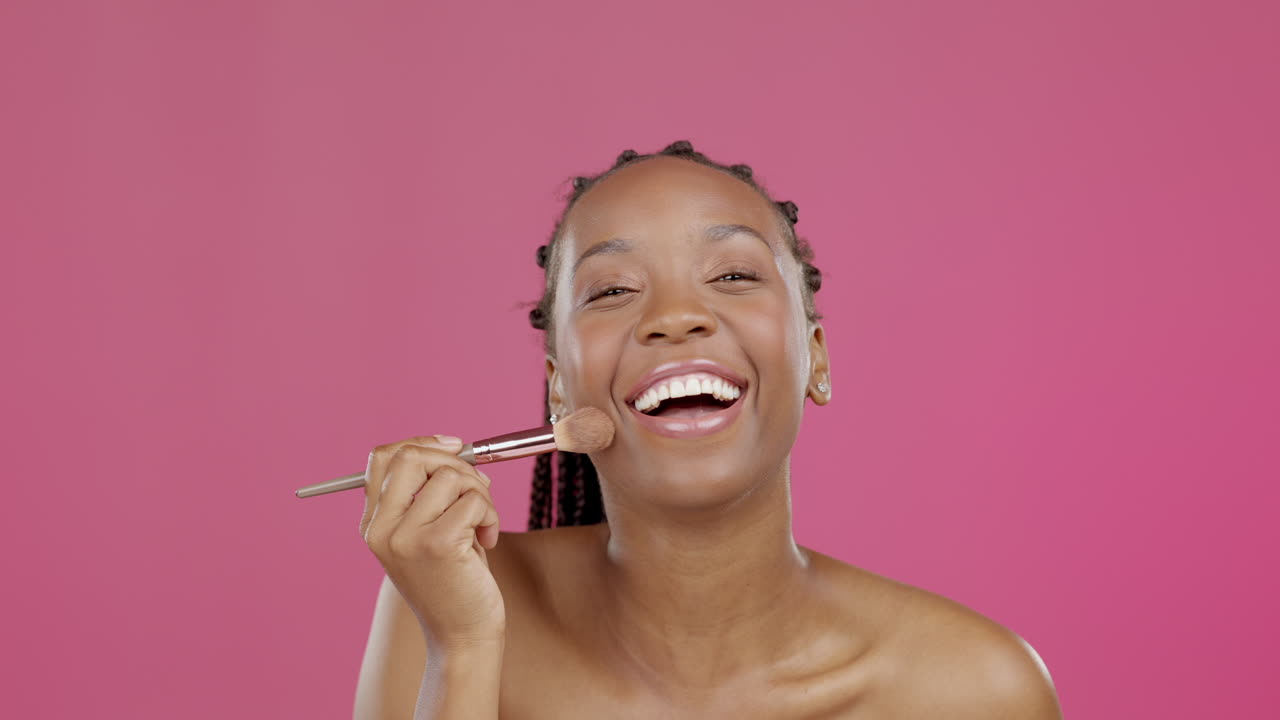 Happy black woman, beauty or face brush