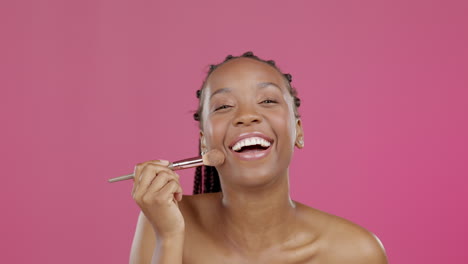 Happy-black-woman,-beauty-or-face-brush