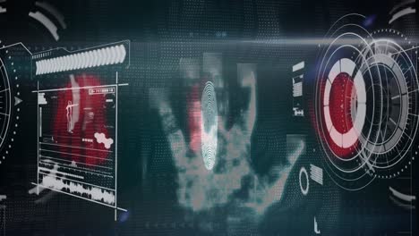 Human hand scanning over biometric scanner against digital interface with data processing