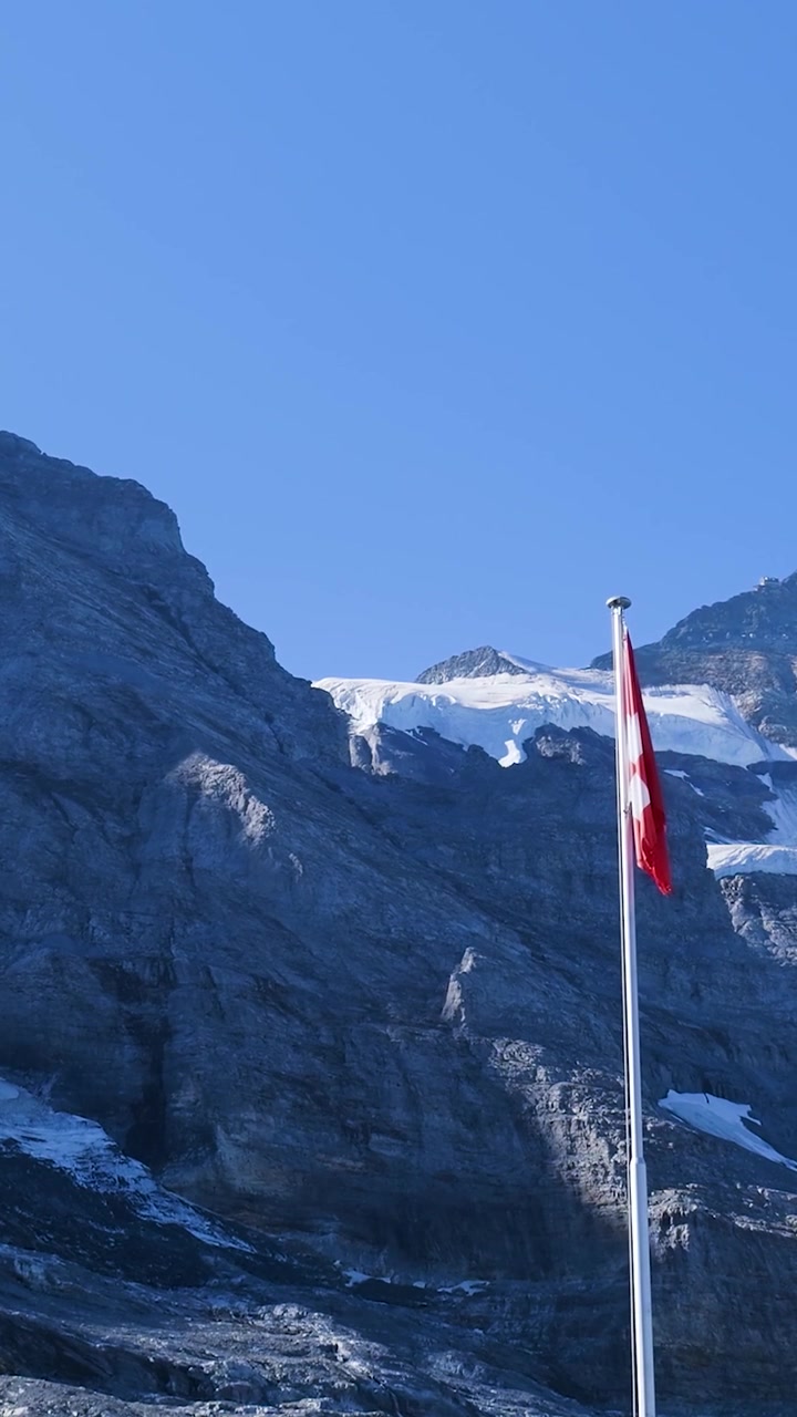 Wehende Schweizer Flagge vor der Kulisse der Schweizer Alpen