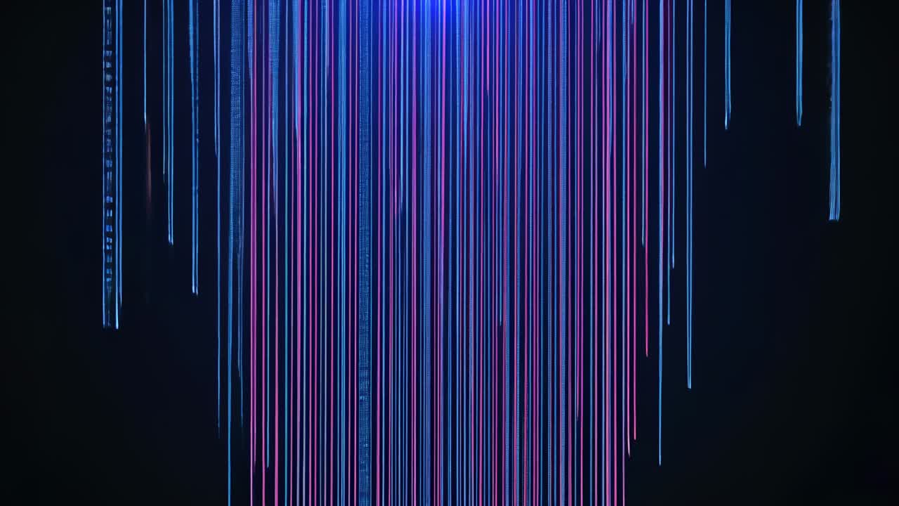 Appearing neon lines descending from top center on digital void, forming dense blue magenta curtain