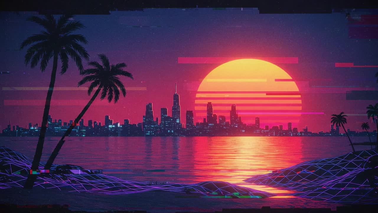 Un vivace tramonto retro-futuristico su uno skyline cittadino con palme, caratterizzato da estetica glitch e colori neon, che cattura un'atmosfera serena serale