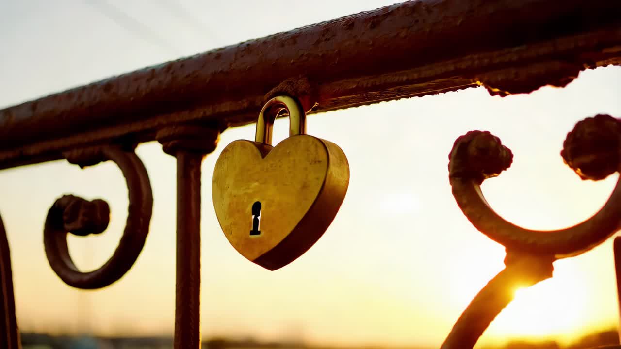 심장 모양의 사랑의 잠금은 해가 지는 다리에 있습니다.