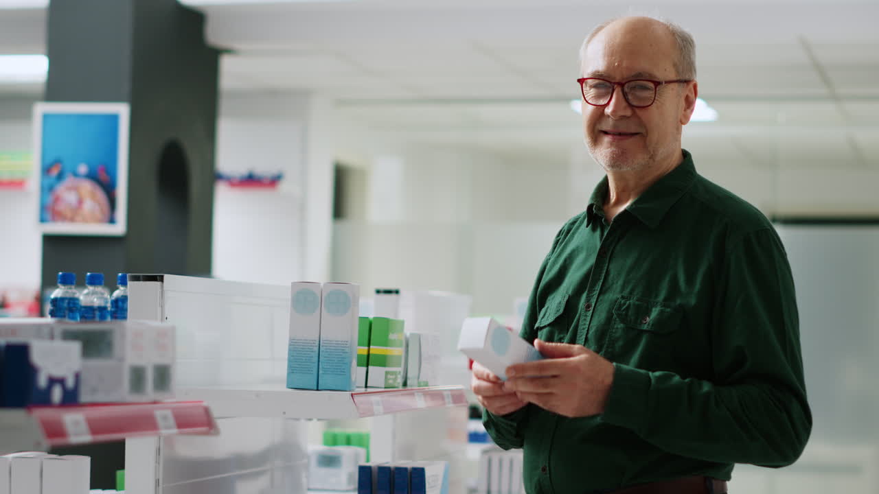 Senior man shopping for medicine in a pharmacy