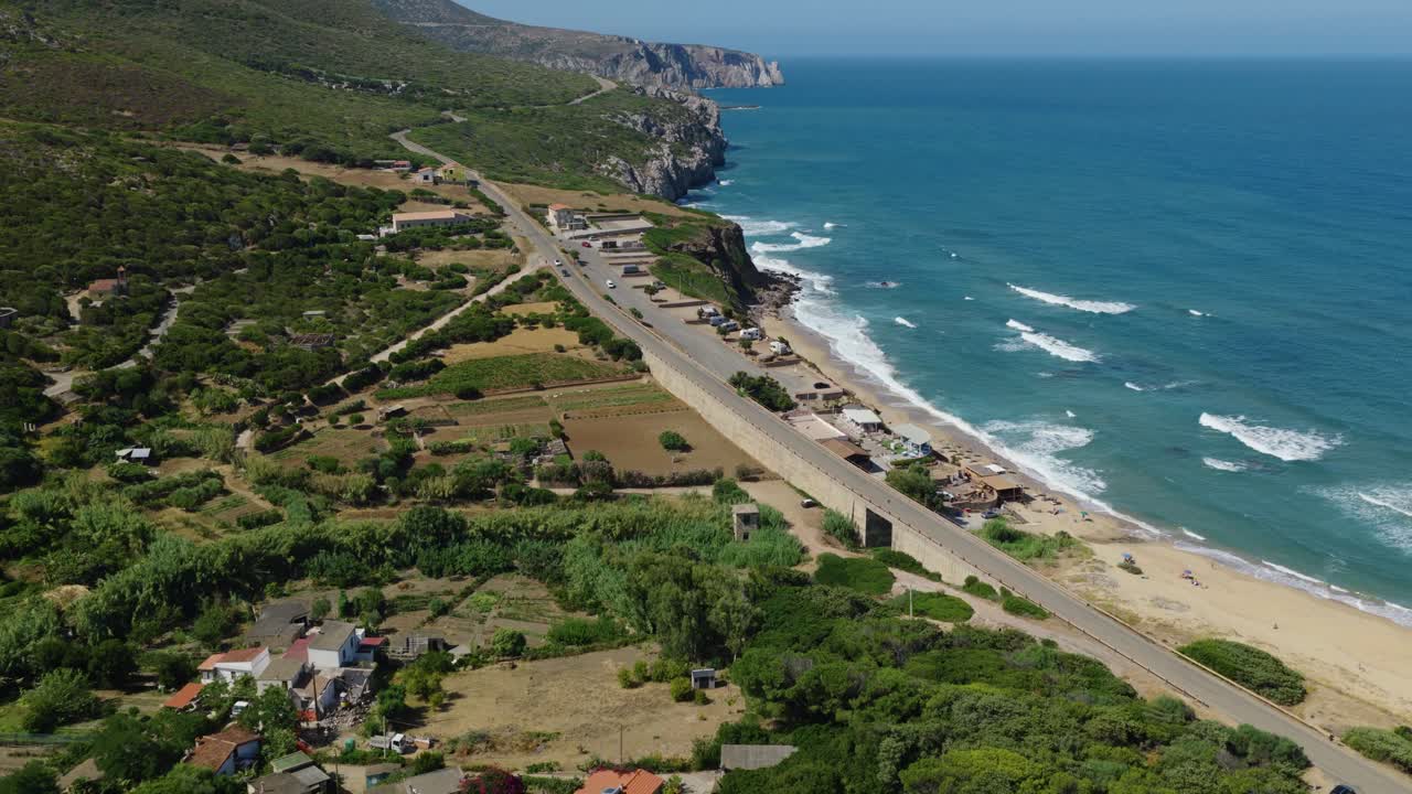 Aerial view of Buggerru coastline, Sardinia, peaceful coastal Italian village
