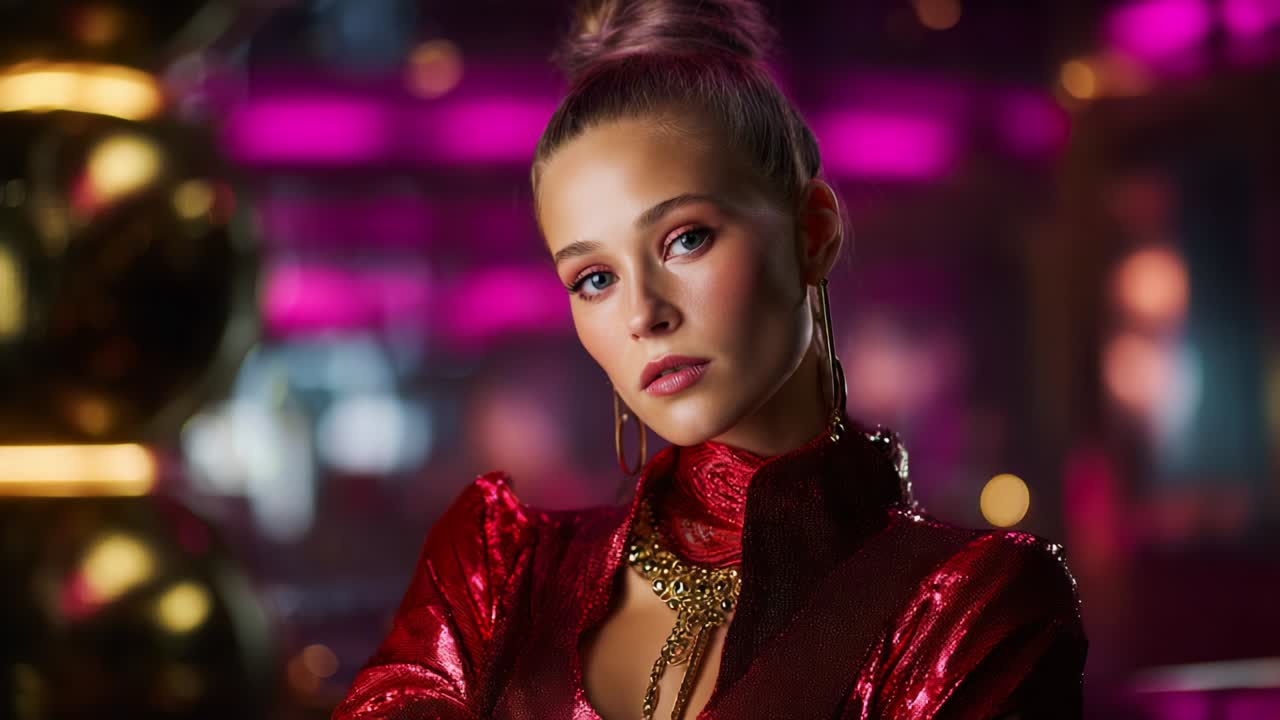 A Captivating Portrait of a Stylish Individual Featuring a Glamorous Look with Vibrant Colors and Elegant Accessories, Set Against a Background of Glimmering Lights and a Colorful Ambiance