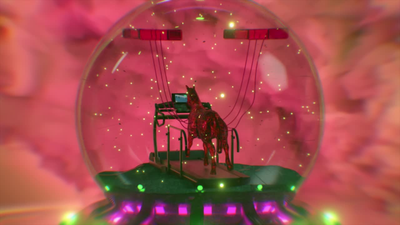 핑크색 스노우 글로브의 트레드밀에 있는 말